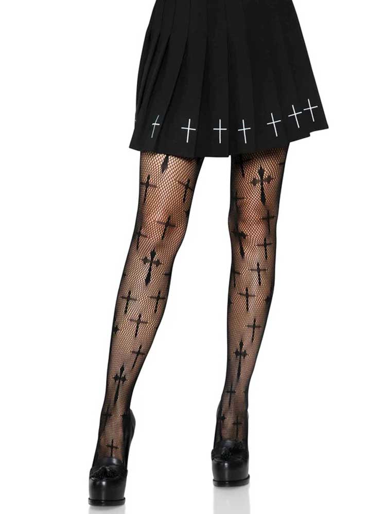 "Worship Me Cross Net Tights - 1x/2x - Black LA-9753XBLK1X2"