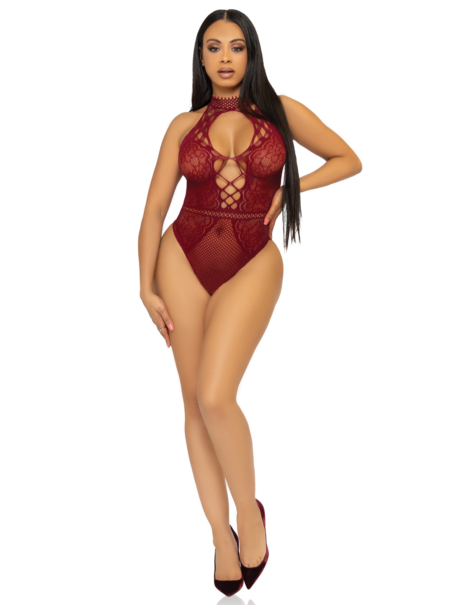 "Net and Lace Keyhole Halter Bodysuit - One Size - Burgundy LA-89307BUROS"