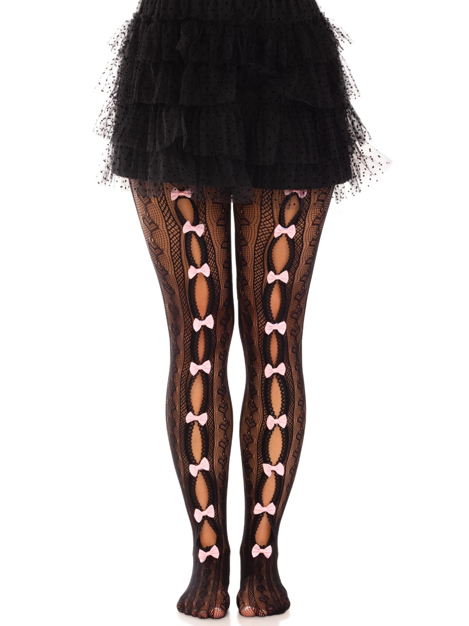 "Sweetheart Striped Net Tights With Keyhole and Mini Bow Detail - One Size - Black LA-9733BLKOS"